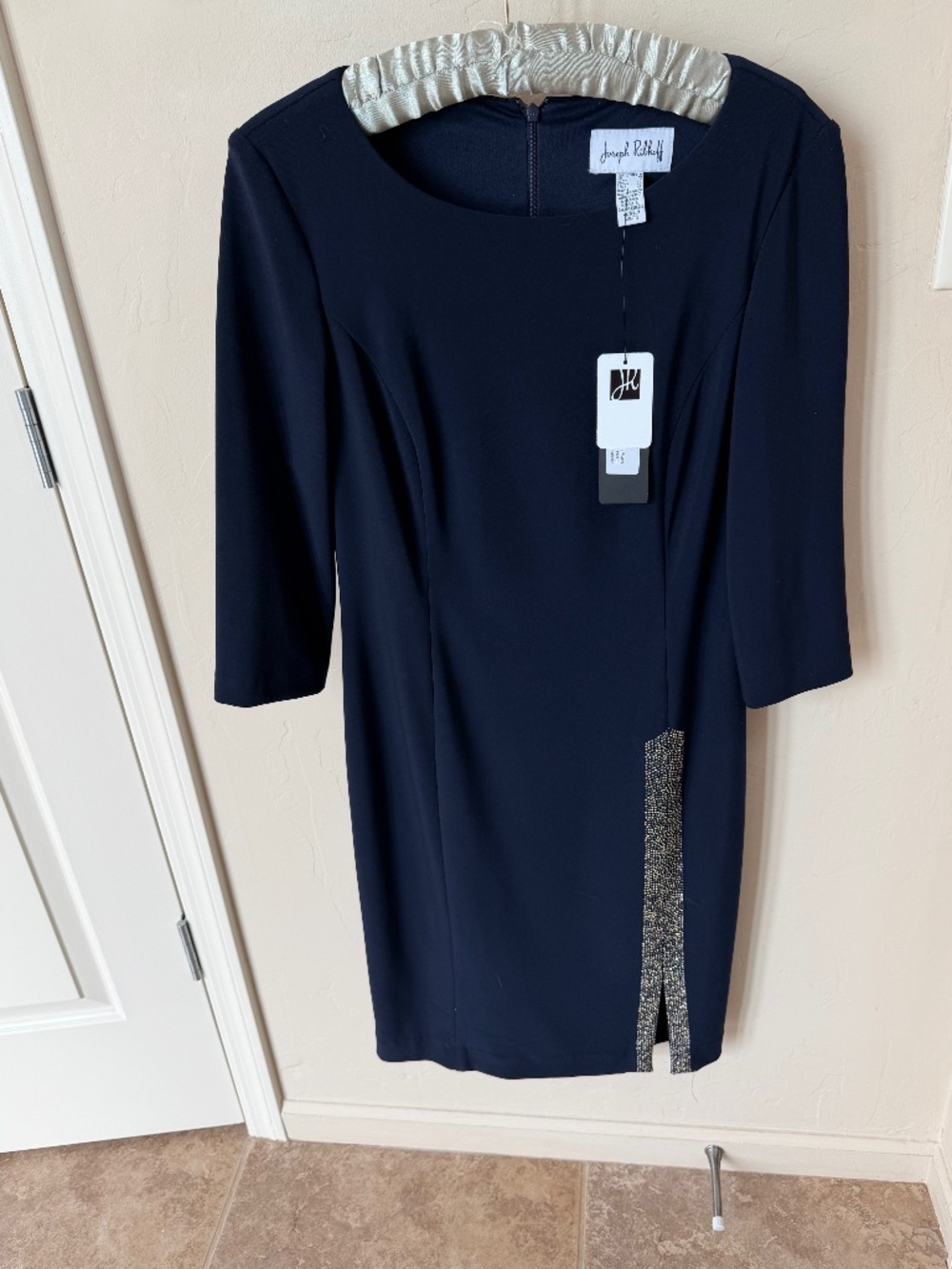 Joseph Ribcoff Navy Blue, lined,  embellished sheath dress. New With Tags Size8
